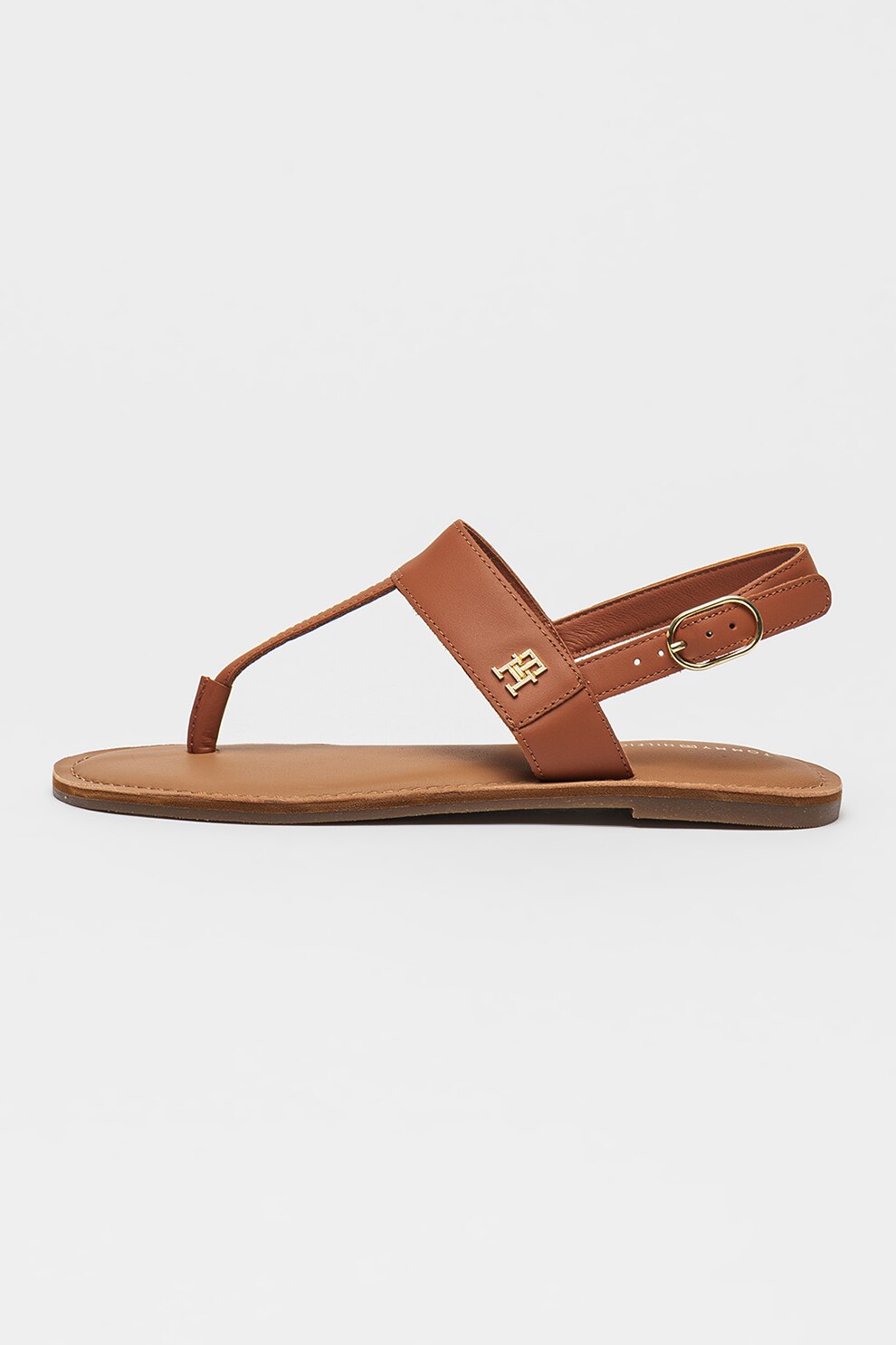Tommy Hilfiger, Sandale din piele cu bareta separatoare si catarama, Caramel, 37