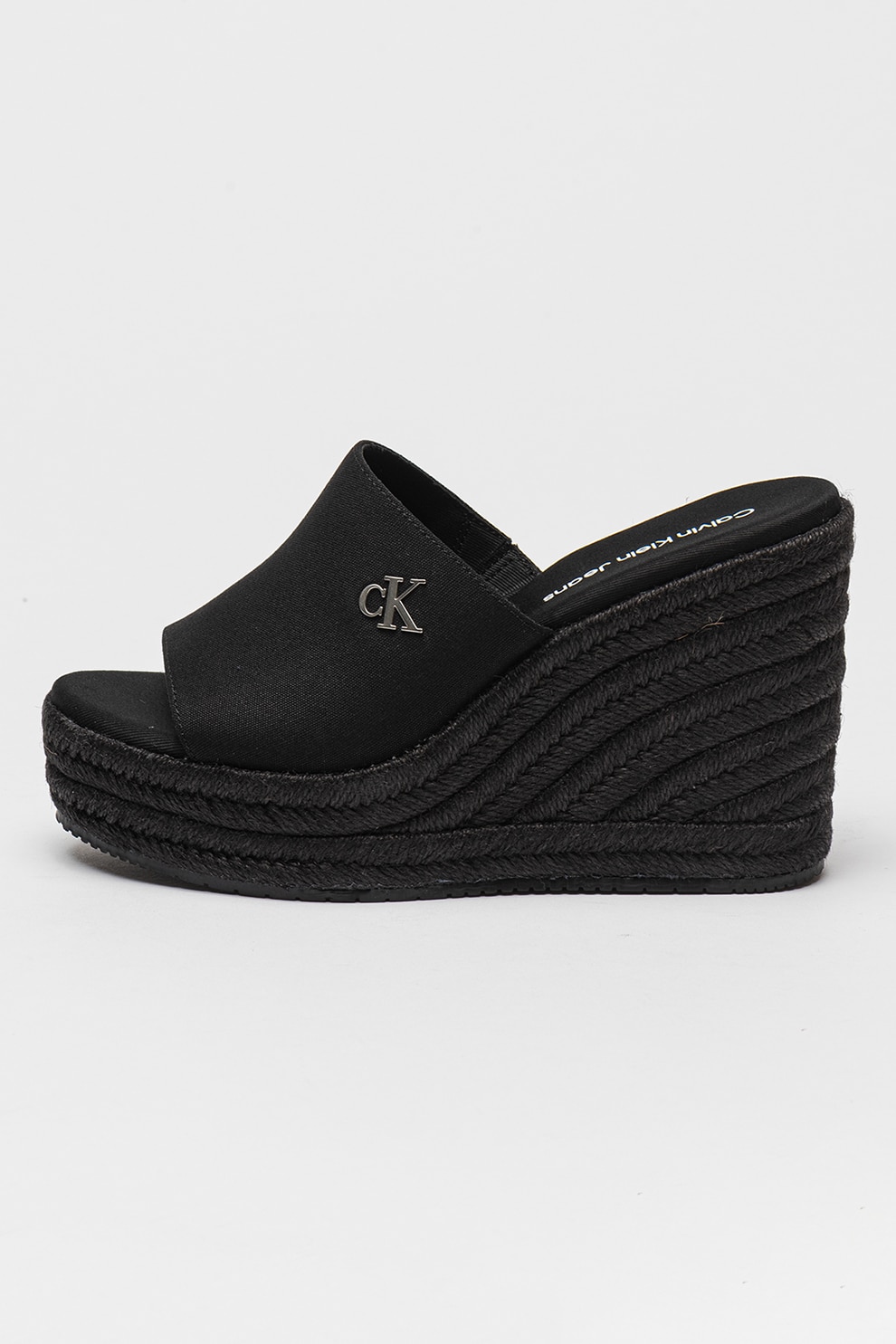 CALVIN KLEIN JEANS, Sandale cu talpa wedge si monograma metalica, Negru, 39