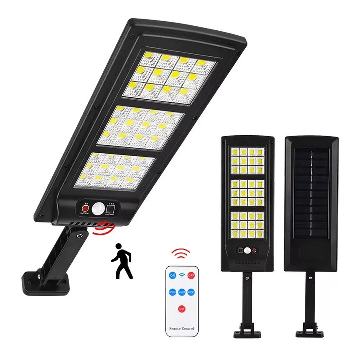 Lampa solara de perete HOZRO, SL-144 COB cu senzor de miscare, telecomanda, incarcare solara, 144 LED-uri super-luminoase, rezistenta la apa, ideala pentru exterior