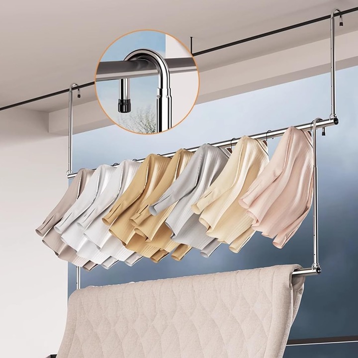 Регулируема релса за дрехи Taotigzu, монтаж на плувка, за гардероб или сушене, спестяваща място, ширина 80-160 см, регулируема височина 35-45-55 см, Инокс Таван 1.6 м