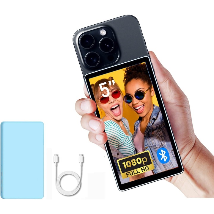 Селфи монитор екран Shimbol CP5 Lite 5" 1080P съвместим с Apple и Android, задна камера огледало влог за телефон, свързване с едно щракване, обхват 50 м, с магнитен син калъф