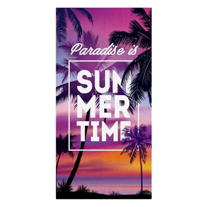 Плажна кърпа, Welora, Памук, C палмово дърво и текст "Summer Time", 150x75cm, Лилаво-черно