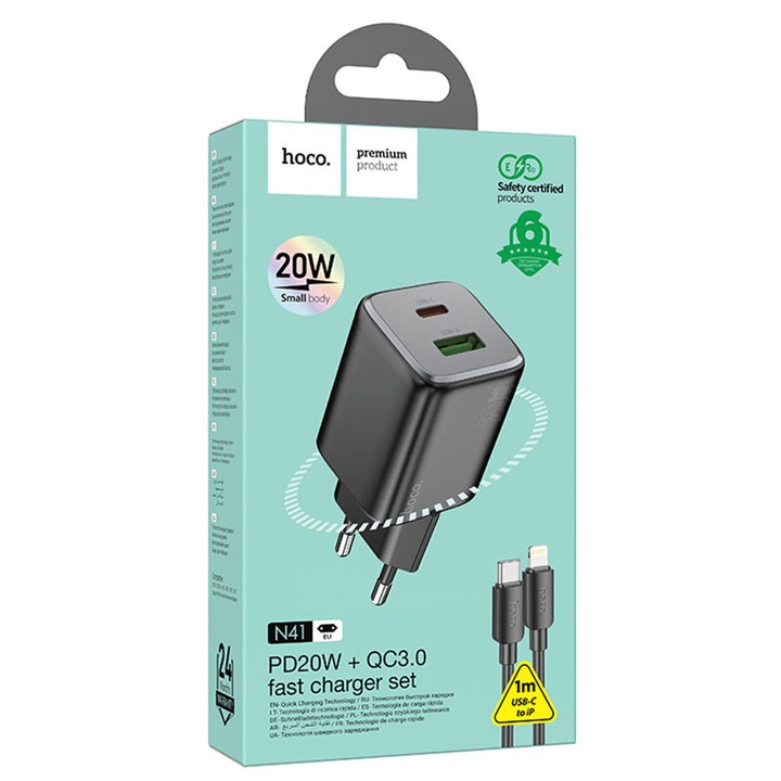 Hoco hálózati töltő (N41) + Lightning kábel, 20W, 1xUSB-C, 1xUSB-A, PD, QC 3.0, fekete
