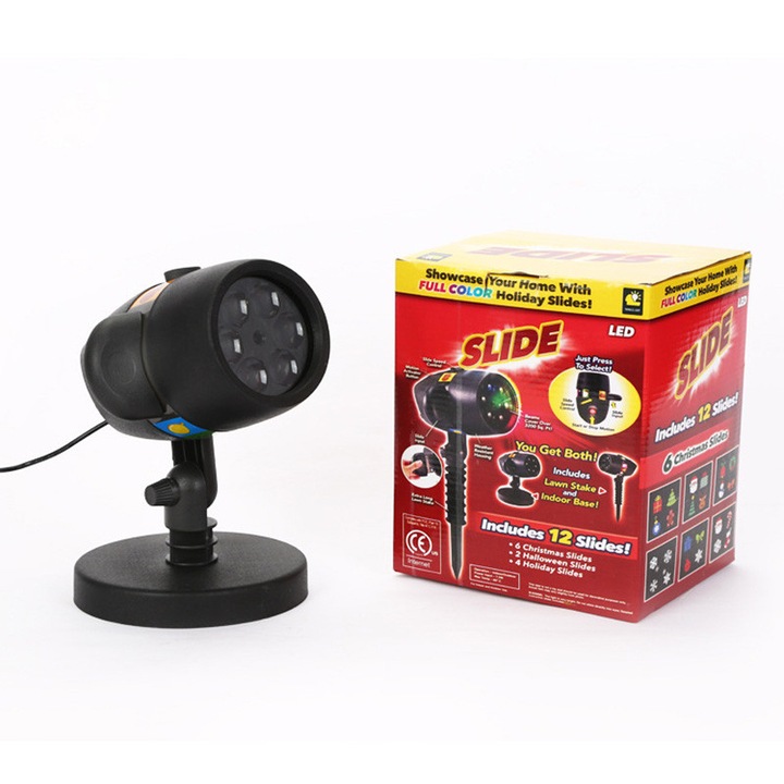 Proiector LED de Craciun, IP44, efect zapada, 12 carduri, multicolor, pentru gradina, terasa