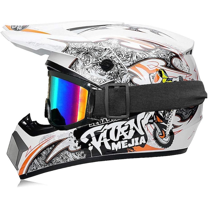 Casca Mountain Bike cu ochelari, manusi, viziera, set Motocross pentru adulti, alb, mare, L