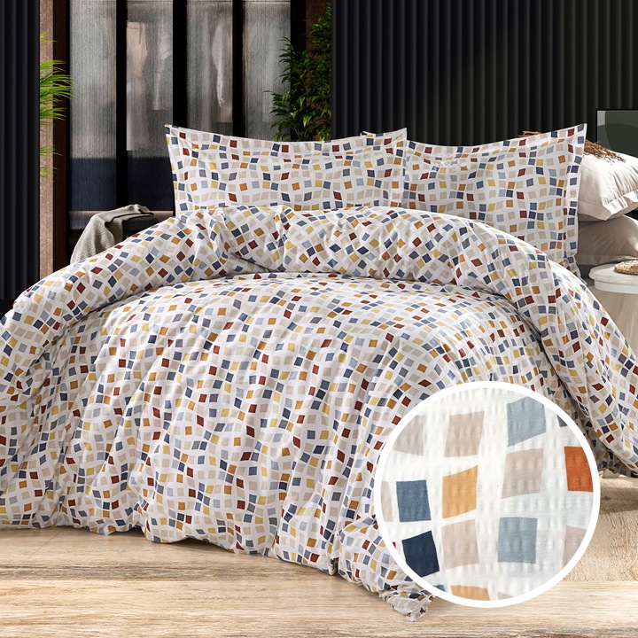 Lenjerie pat Creponata 100% Bumbac, cearsaf pat 160x240 cm, pilota 140x210 cm, fata perna 50x70 cm, Imprimeu colorat Crem-Gri, Ralex Pucioasa