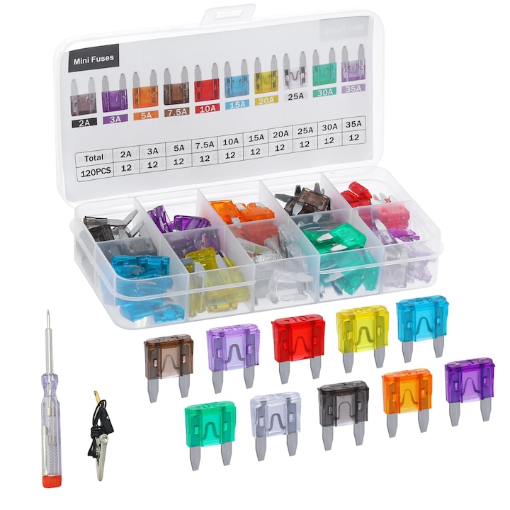 Комплект 120 мини предпазителя, TREXORA, с тестер за напрежение, 2A-35A, цветни, от алуминий