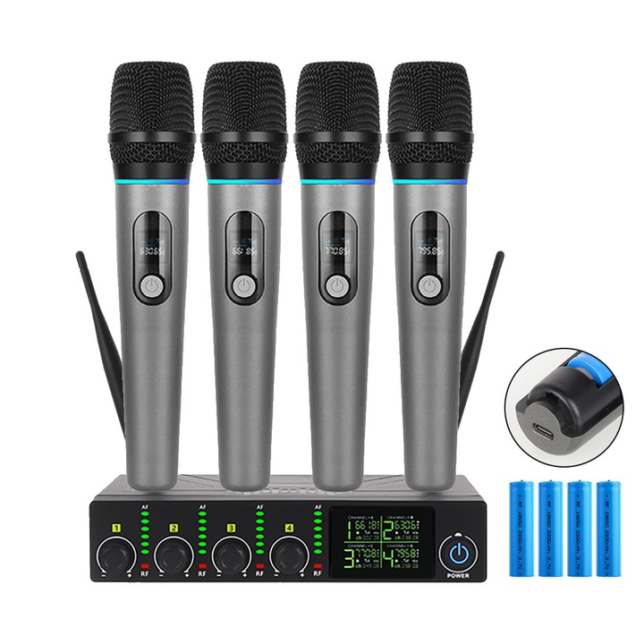 Комплект от 4 безжични UHF микрофона, 4 канала, с базова станция, презареждащи се, идеални за караоке, събития
