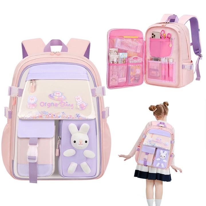 Ученичка за деца, Голям капацитет, водоустойчива, 45x32x17 см, Розова