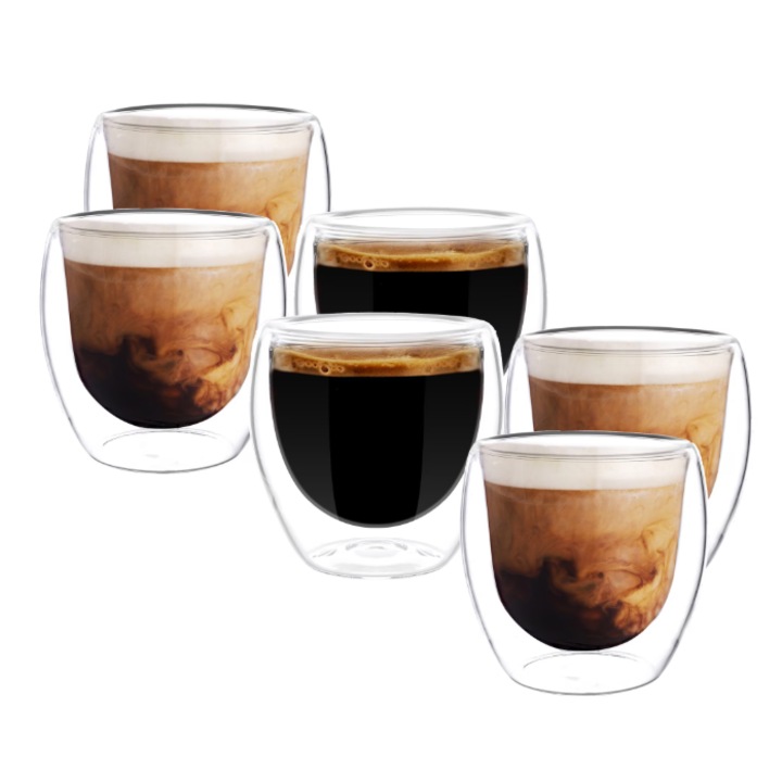 Комплект от 6 термо чаши за кафе с двойни стени, термоустойчиви, вместимост 350 мл, вътре 9 x 8 см, прозрачни