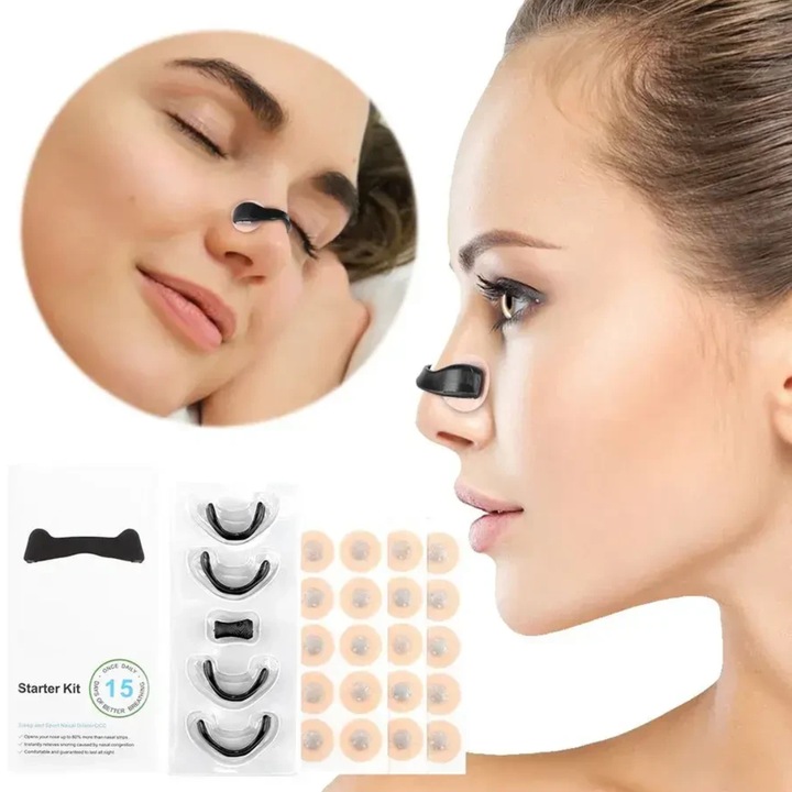 Комплект магнитен назален дилататор Salestore2® – против хъркане, 4 различни размера, апликатор + 30 пластира, идеален за сън, спорт и ежедневни дейности, черен