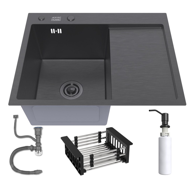 Кухненска Мивка, ANW Home 6350L, С Един Съд И Отцедник, Графит, Аксесоари