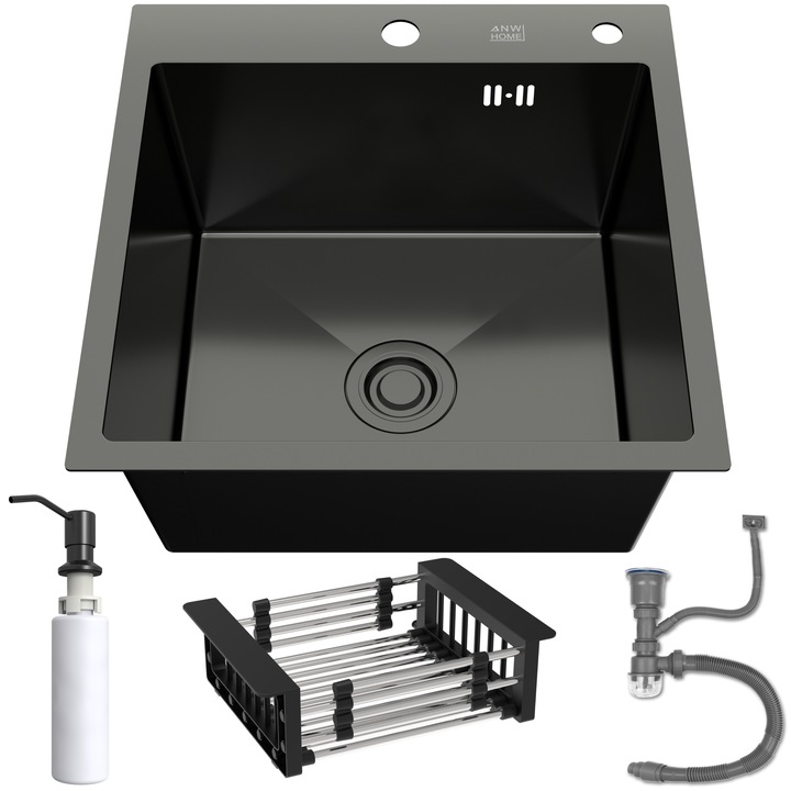 Кухненска мивка, ANW Home, Графит, С една купа, 46x45, В комплекте Диспенсър, Кошница, Сифон