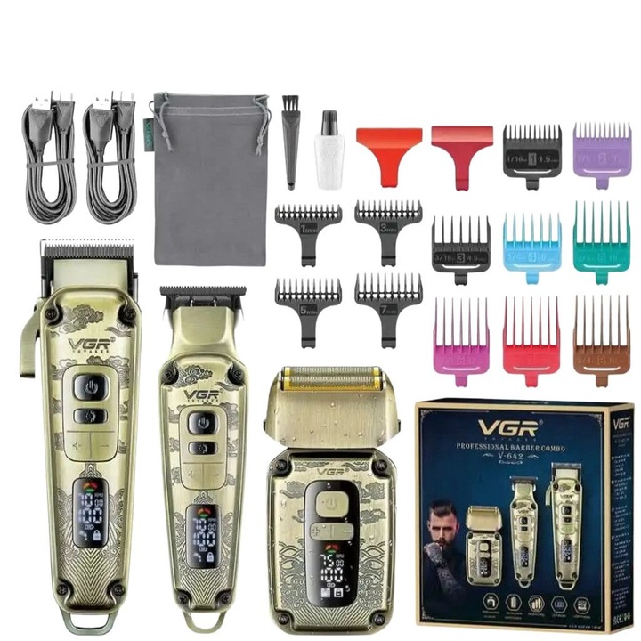Машинка за подстригване VGR V-642, 3 в 1, Тример, Електрическа самобръсначка, LED дисплей, 4 режима на работа, Приставки: 8 гребена от 1, 5 до 19 мм, Размер: 18, 5 x 4, 8 сантиметра, Цвят: Златист