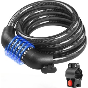 Antifurt bicicleta cu suport prindere, Parola de 5 digiti, 120 cm, Anti-taiere, Pentru motociclete, scutere si biciclete, Aliaj de zinc/Otel/PVC/ABS, Negru