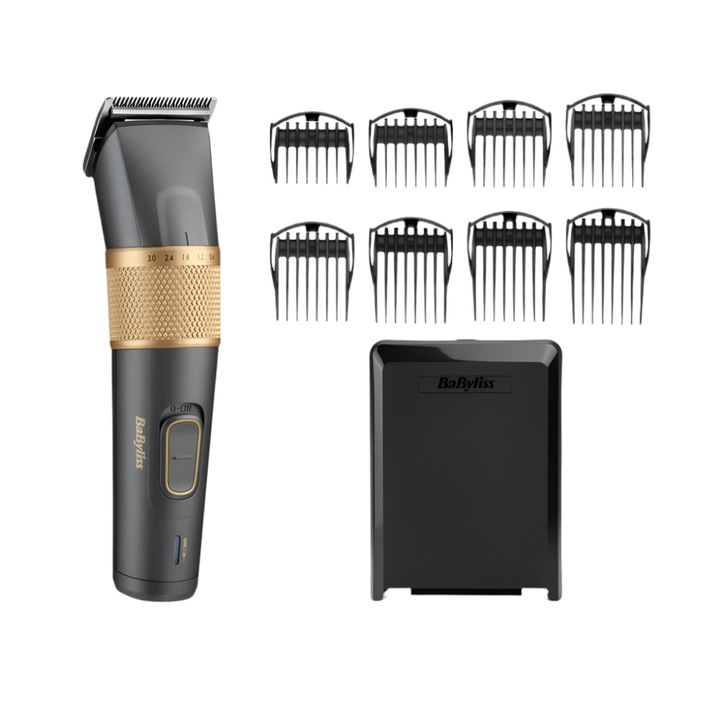 Aparat de tuns BaByliss E987E, 8 setari lungime, negru-auriu, cu acumulator si cablu, 8 piepteni