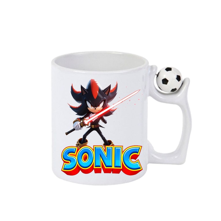 Cana Sonic Shadow - Razboinicul Sabiei Rosii. Cri-Flo, Ceramica, 330ml, Minge rotativa antistres, Maner si interior Alb-Negru
