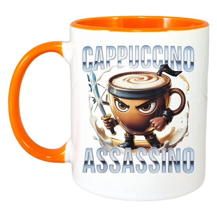 Cana Cappuccino Assassino Anime - Tralalero Tralala, Ceramica. Cri-Flo, Maner si interior Portocaliu