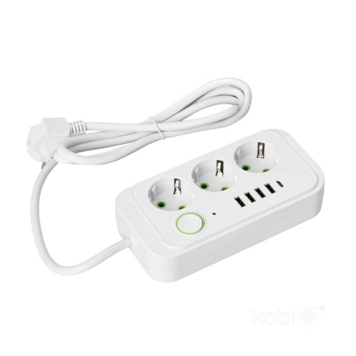 Удължителен кабел Kobi, 3 гнезда 230V, 5 USB порта, 1.5 м, бял