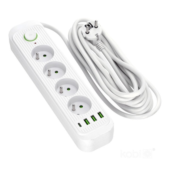 Удължителен кабел Kobi, 4 гнезда 230V, 4x USB (3x USB-A + 1x USB-C), 5 м, бял