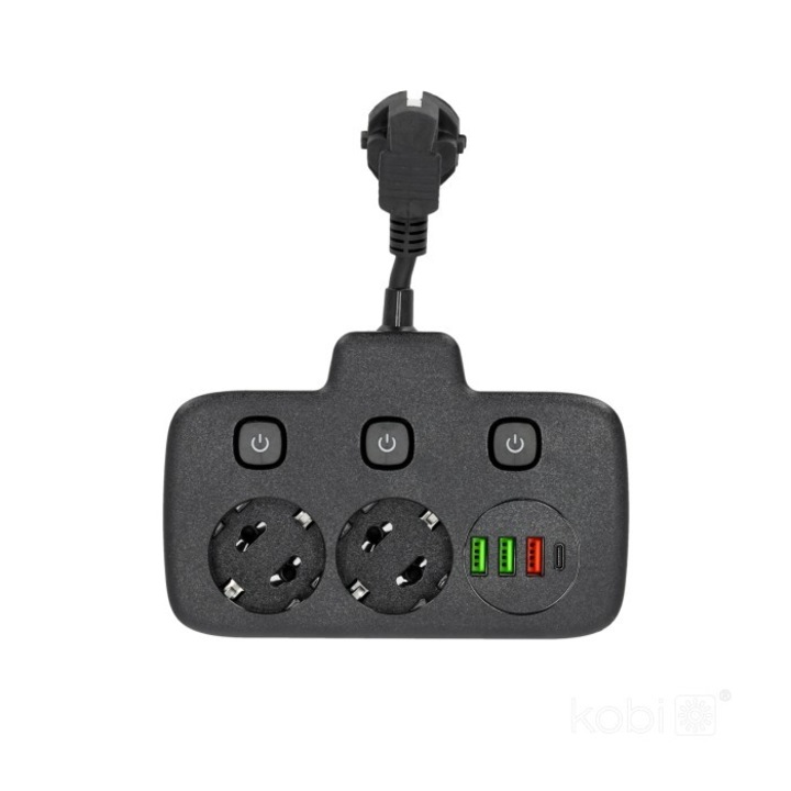 Удължителен кабел Kobi, 2x 230V, 4x USB, 3 ключа, черен