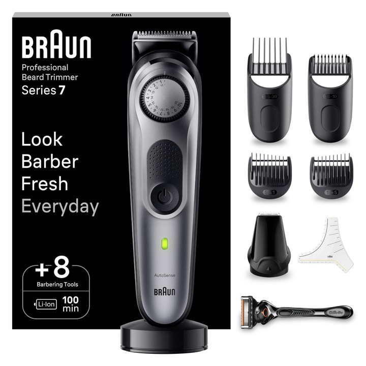 Braun Beard Trimmer Series 7, Мъжки тример за коса, 40 настройки, Зарядна станция, Калъф за пътуване, Шаблон за брада, 100 мин. Безжична автономност, Bt7420