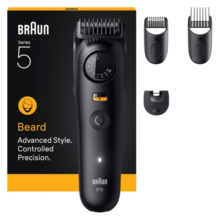 Aparat De Tuns Barba Braun Seria 5, +4 Accesorii, Lama Ultra-Ascutita, Autonomie Baterie 120 Min, 40 Setari De Lungime, Rezistent La Apa, Selector De Precizie Si Buton De Blocare, Bt5520, Negru