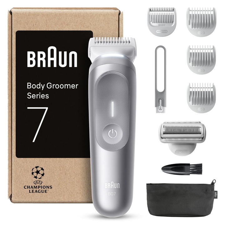 Braun Series 7 testszőrnyíró, +8 tartozék, intelligens fénnyel és bőrvédővel, 100 perces akkumulátor-üzemidő, gyengéd az érzékeny területekhez, vágás és borotválás a Sensitivetrim tartozékkal, vízálló, BG7555, szürke