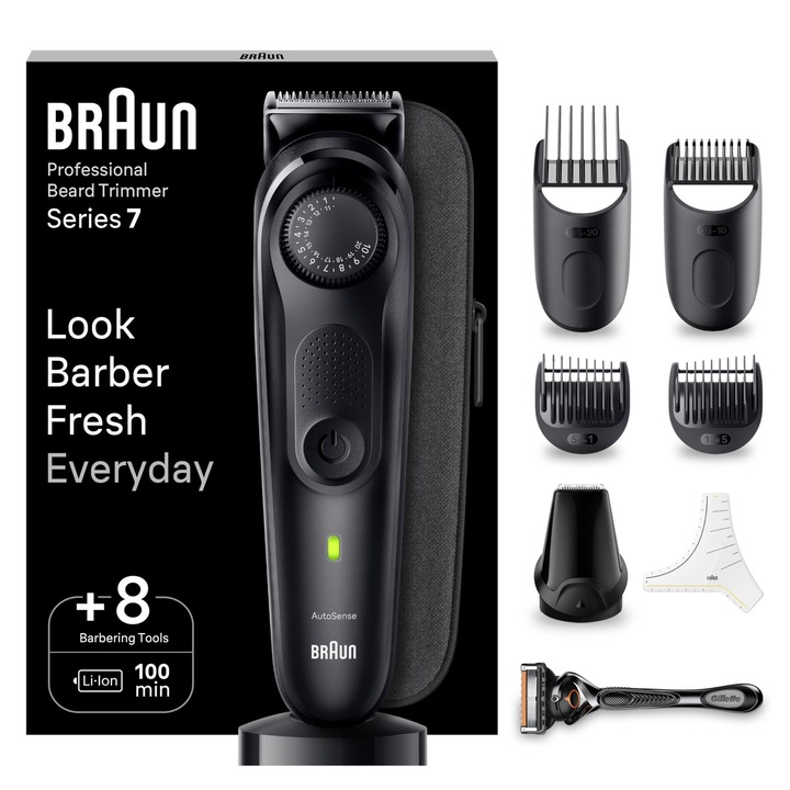 Braun Beard Trimmer Series 7, Мъжки тример за брада и самобръсначка, 40 настройки, Зарядна станция, Калъф за пътуване, Шаблон за брада, 100 мин. Безжична автономност, Bt7440