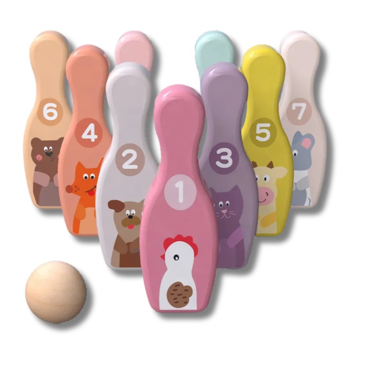 Joc de bowling din lemn Lucknel® pentru copii - set de bowling colorat, jucarie din lemn, unisex, de la 3 ani