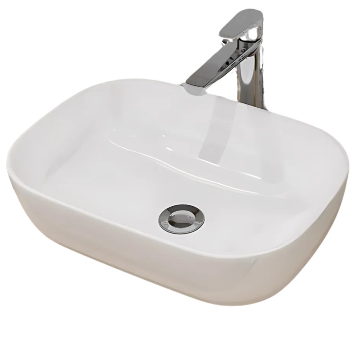 Lavoar Bukino®, chiuveta de baie pentru blat, design alb rectangular minimalist, compatibil universala, fabricata din samota ceramica durabila, dimensiuni 50x15 cm, adancime 36 cm, cod 050