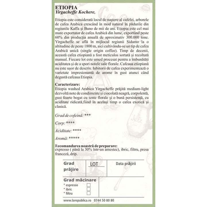 Прясно изпечено кафе, 500 гр, Етиопия Yirgacheffe, 100% арабика, смляно ...