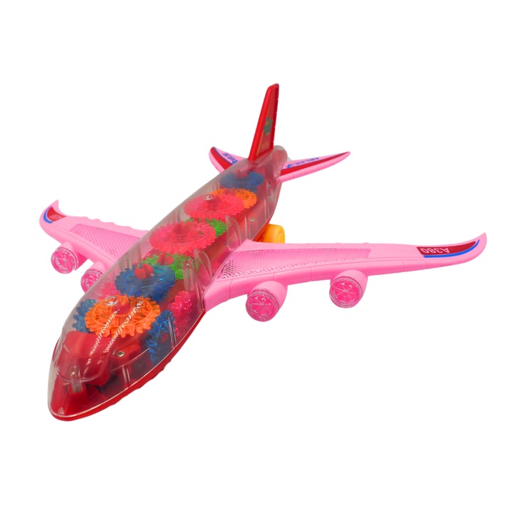 Avion transparent cu rotite, Onore, negru si albastru, plastic si metal, 30 x 30 x 9, 3 functii: push-n-go, lumini, sunete