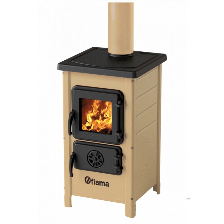 Semineu cu plita din fonta Fiama SD HAPPY, pe lemne, brichete si carbune, putere 6 kW, culoare crem
