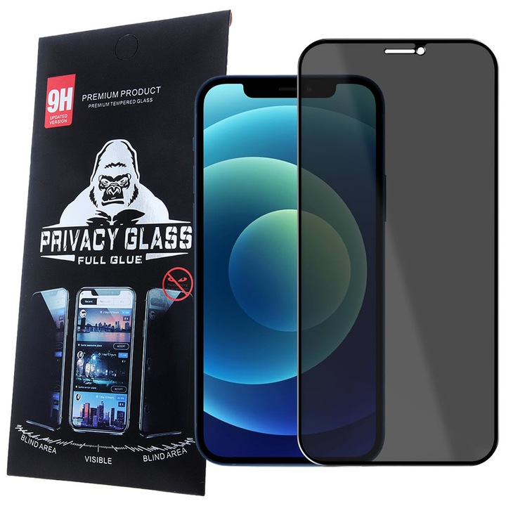 iPhone 11 Pro Max / XS Max kompatibilis üvegfólia, előlapi, edzett, hajlított, fekete kerettel, betekintés védelemmel, Privacy