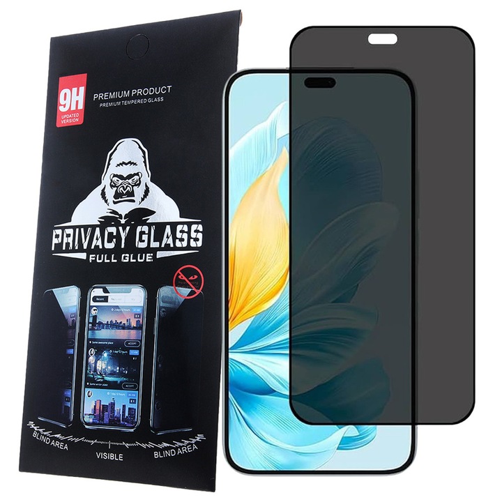 Honor 200 Lite 5G / 400 Lite 5G / X8b / X8c kompatibilis üvegfólia, előlapi, edzett, hajlított, fekete kerettel, betekintés védelemmel, Privacy
