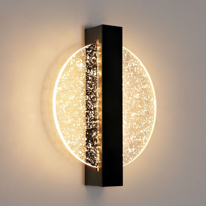 LED стенна лампа, Goeco, 12W, 700lm, черна, желязо + акрил, кръгла форма, 3000K топла светлина, за спалня, хол, коридор