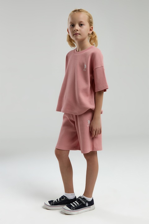 U.S. Polo Assn., Trening de bumbac cu pantaloni scurti si maneci cazute, Roz somon