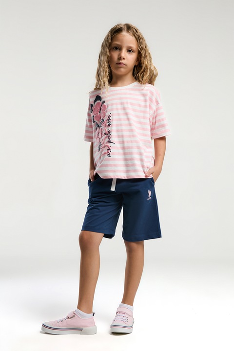 U.S. Polo Assn., Trening lejer cu pantaloni scurti si snur, Alb/Roz deschis