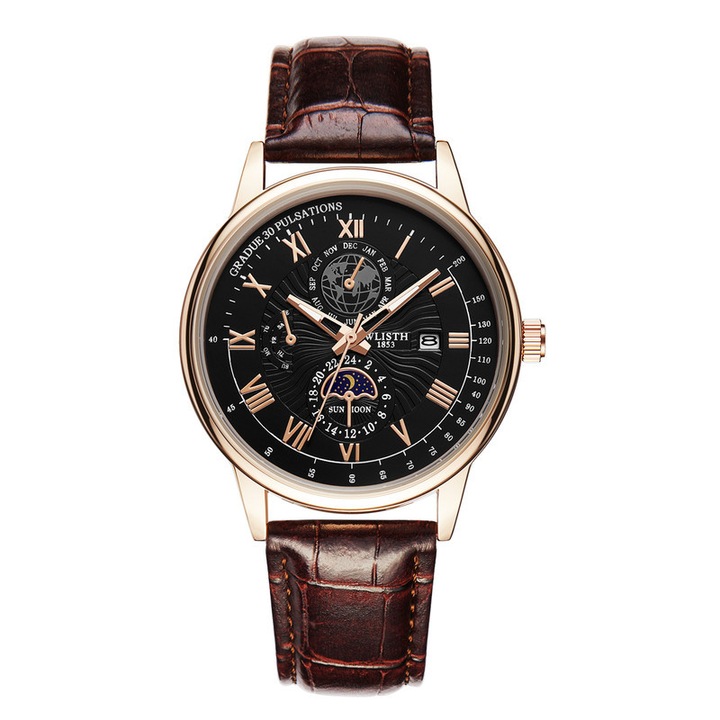 Ceas barbati quartz, wlisth, curea din piele maro, carcasa din aliaj, 40mm, functie calendar.