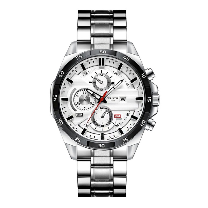 Мъжки часовник Wlisth кварцов сребрист 47 мм с водоустойчива каишка от неръждаема стомана