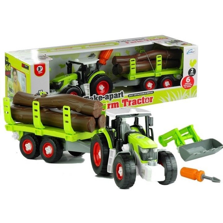 Tractor rozkrecabil cu remorca si lemne, 43 cm, set pentru micii mestesugari