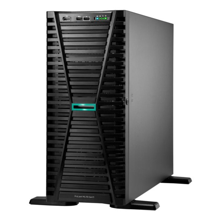Сървър HPE ProLiant ML110 Gen11, Кула, Intel 3508U 8 C / 8 T, 2.2 GHz - 2.2 GHz, 22.5 MB кеш, 150 W, 64 GB DDR5 ECC, 2x 480 GB SSD, 2 x 1000 W, Без операционна система