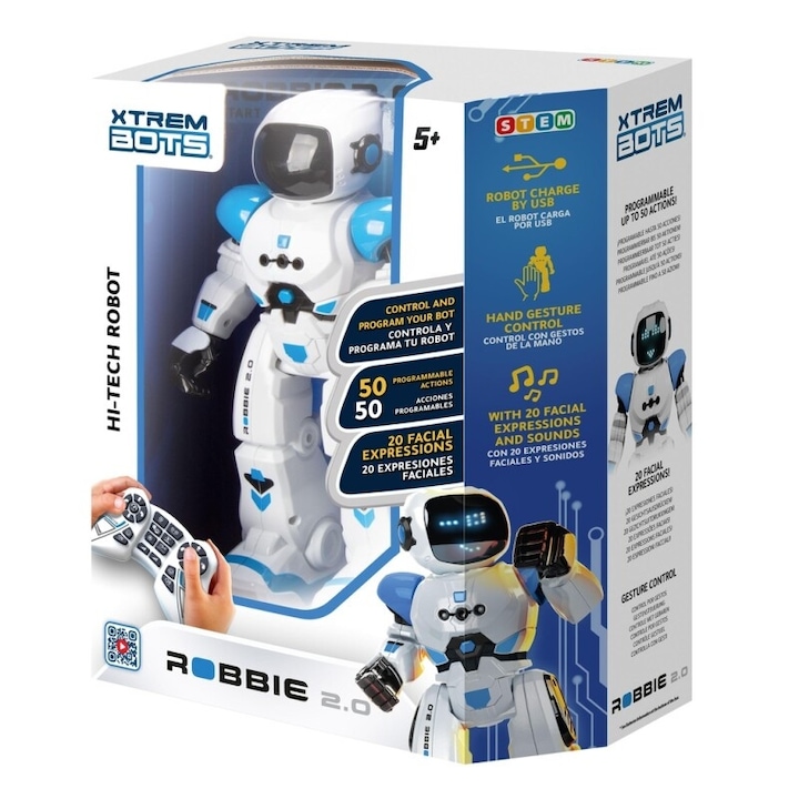 Robot interactiv Robbie 2.0, 50 functii programabile, cu telecomanda, LED, 30x15x10cm