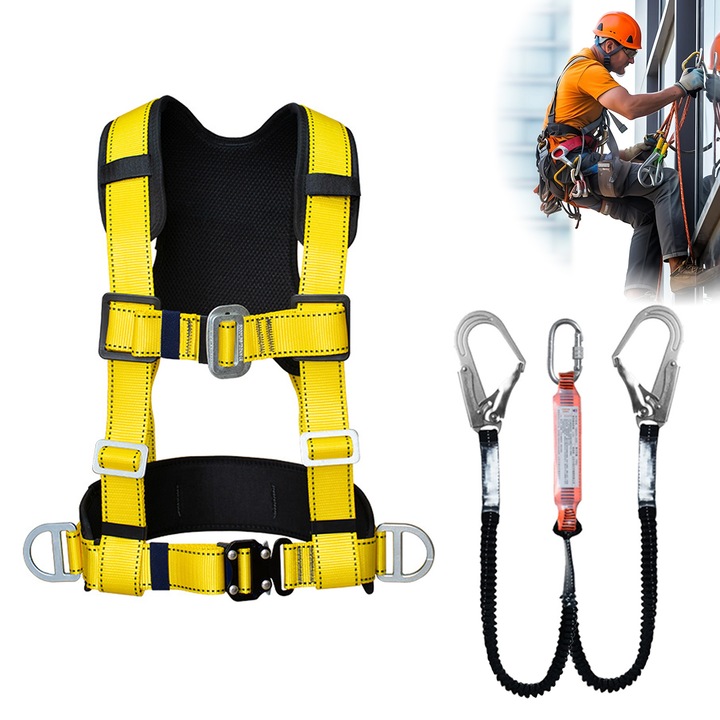 Set Ham de Siguranta Pentru Lucru la Inaltime IDAMAKON cu Elastic 3 Puncte de Ancorare Ajustabila Pentru Constructii Material Poliester Perimetrul Taliei 70-120cm Inaltime Potrivita Pentru 160-190cm