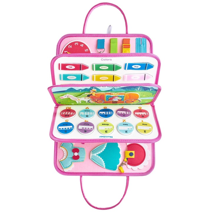 Interaktív érzékszervi könyv, 8 az 1-ben, oktató jellegű tevékenységek, rózsaszín, 28x23cm