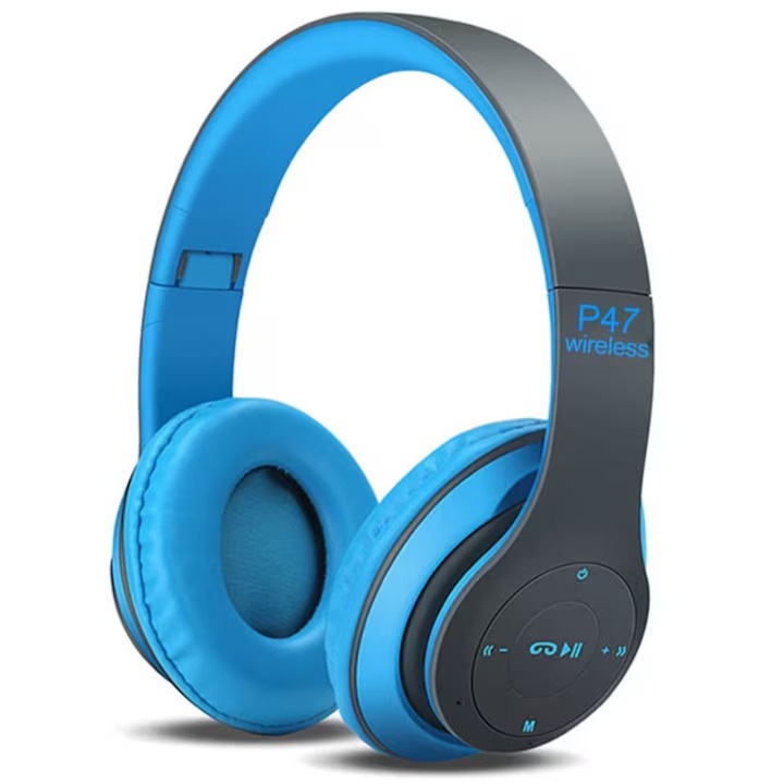 P47 Безжични слушалки Bluetooth 5.0, Стерео слушалки, FM радио, Micro SD порт, 6 часа живот на батерията, Съвместими с всеки телефон, Черни/Сини