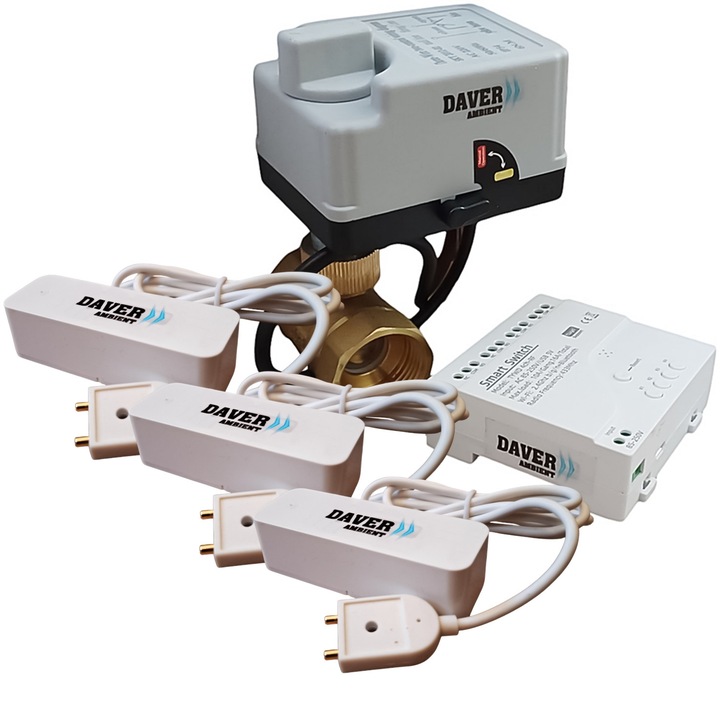 WiFi-s vízelvezetés elleni védelem okostelefon-riasztással, három érzékelővel, 1"-os szeleppel és gyorshajtóművel, automatikus/manuális vezérlőgombbal, Daver