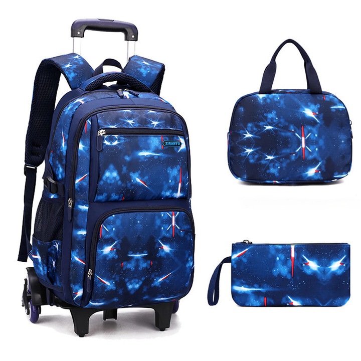 Geanta troler pentru scoala, set din 3 piese cu buzunar pentru pixuri si geanta de transport, curele impermeabile, rezistente la uzura, respirabile, compartimente multiple, 46 x 23 x 30 cm, Albastru