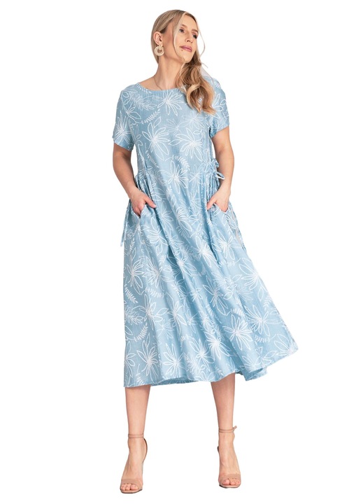 Rochie Figl, floral, albastra, material respirabil, legaturi laterale, viscoza/nylon, One Size INTL